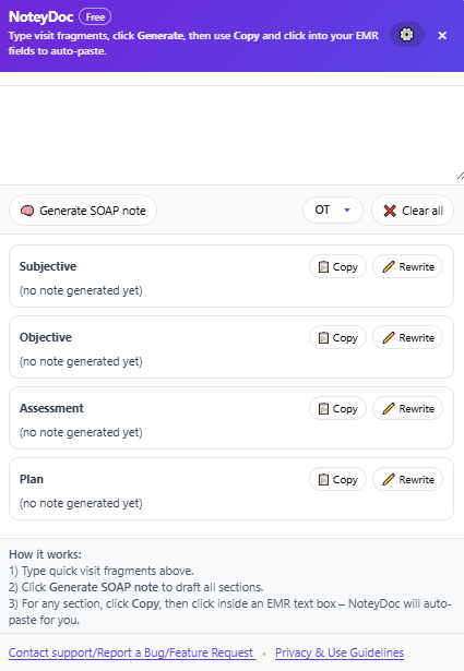 NoteyDoc interface showing SOAP note drafting