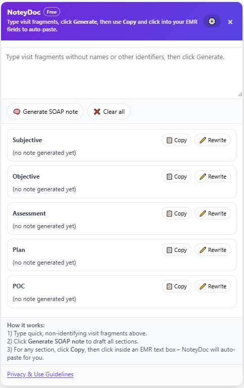 NoteyDoc interface showing SOAP note drafting
