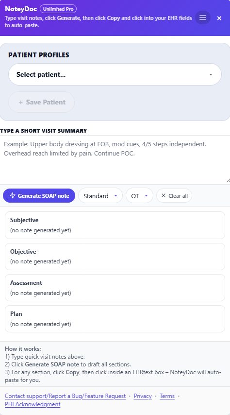 NoteyDoc AI SOAP note generator interface for therapy documentation
